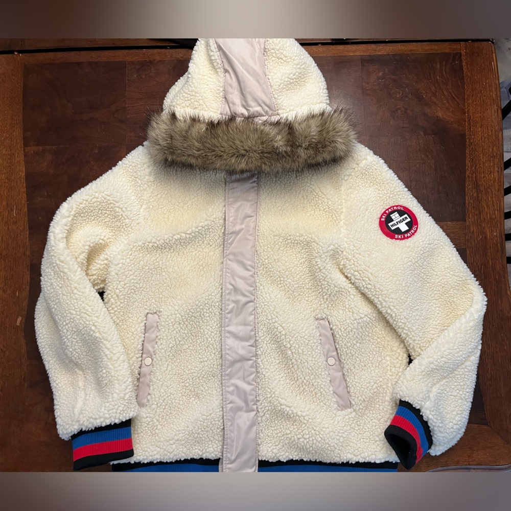 Tommy Hilfiger Ski Patrol Sherpa Fleece Hooded Jacket Large Cream Faux Fur Trim